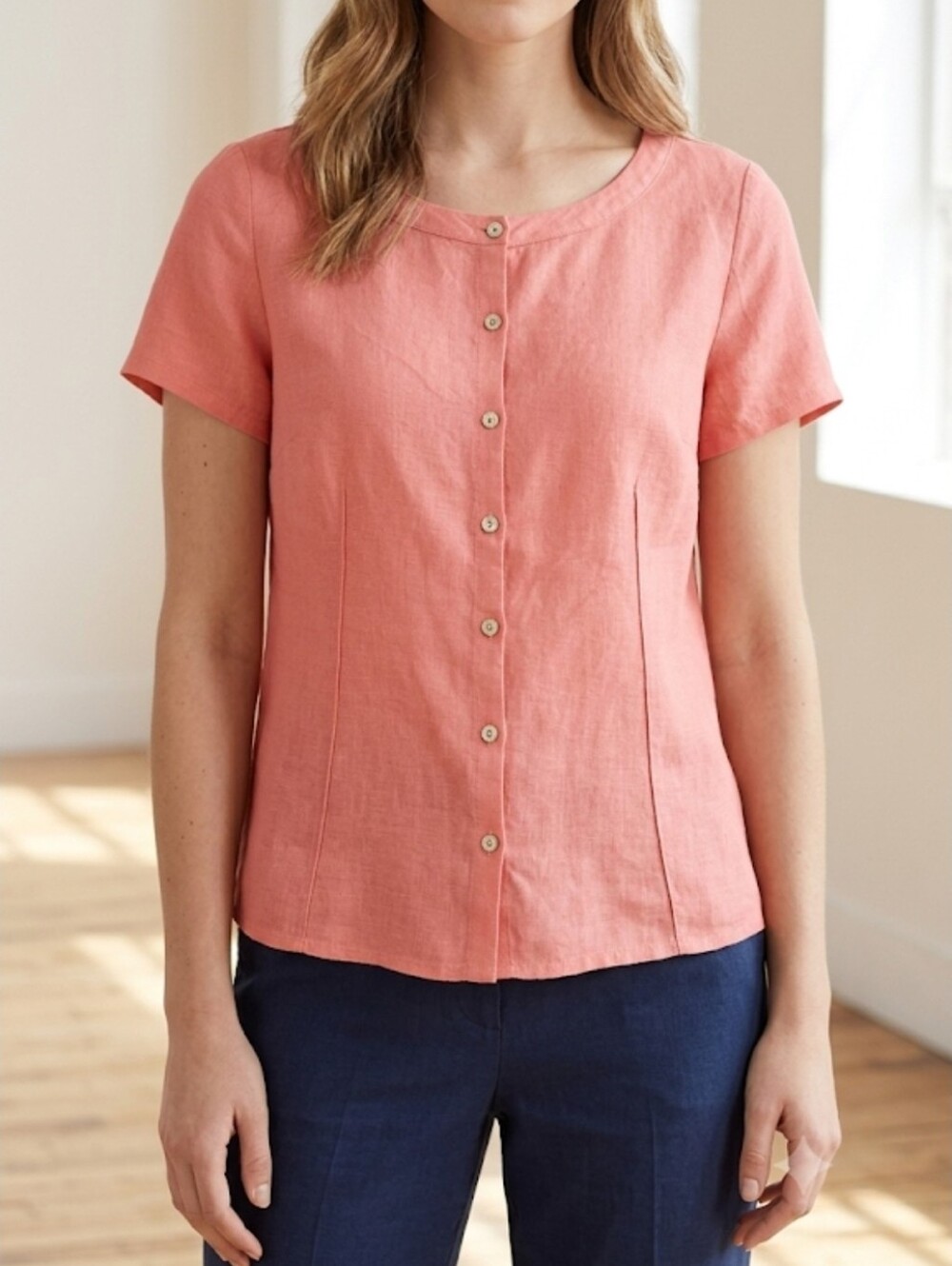 Eileen Fisher 100% Irish Linen Button-Front Top in Coral / Peach Size Medium